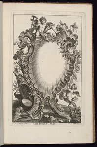 Cartouche avec Putto Tenant des Trompettes, Livre de Cartouches Irréguliers - François de Cuvilliés the Elder