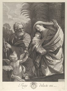 La Fuite en Égypte, la Sainte Famille marchant ensemble, Saint Joseph pointant vers..., vers 1648-81