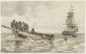 Huit hommes dans une barque près d