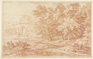 Paysage avec rivière et pont avec tour ronde