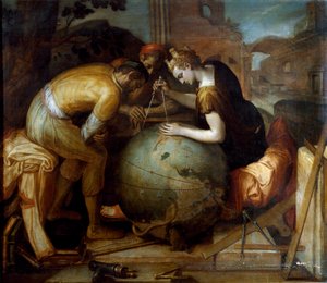 Géométrie. Allégorie et personnification de la Géométrie tenant un compas au-dessus d