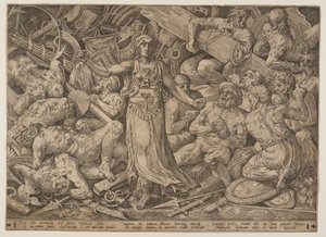 Victoria entourée de prisonniers et de trophées de guerre
