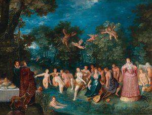 Diane et ses nymphes se baignant, avec une chasse au cerf en arrière-plan, ca 1606 - Frans Francken the Younger