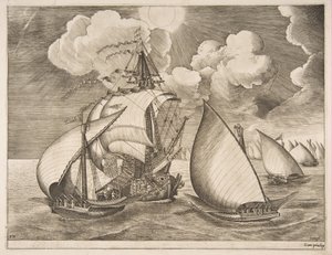 Flotte de galères escortée par une caravelle de Les Navires à voile, 1561-65 - Frans Huys
