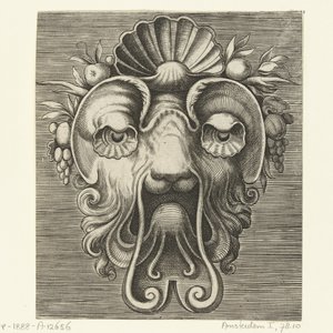 Masque avec des yeux en forme de coquille et une coquille entre des grappes de fruits sur le front (Pourtraicture ingenieuse de plusieurs facons de masques...) - Frans Huys