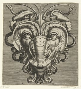 Masque avec deux pinces de homard tenant des serpents (Pourtraicture ingenieuse de plusieurs facons de masques...)