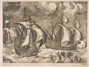 Trois caravelles dans une tempête montante avec Arion sur un dauphin de Les navires à voile, 1561-65 - Frans Huys