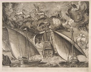 Deux galères naviguant derrière un trois-mâts armé avec Phaéton et Jupiter dans le ciel - Frans Huys