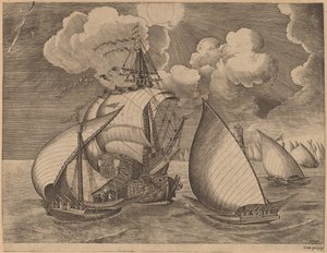 Une flotte de galères escortée par une caravelle - Frans Huys after Pieter Bruegel the Elder