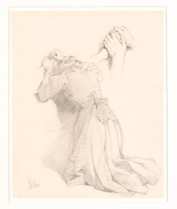 Une feuille avec cinq croquis au crayon. Figures féminines. Étude de mains. - Frans Schwartz