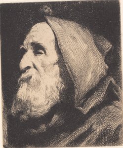 Vieil homme aveugle de profil avec capuche sur la tête