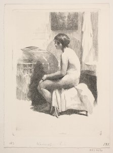 Modèle féminin nu, assis dans une pièce