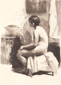 Modèle féminin nu, assis dans une pièce