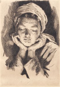 Jeune femme avec bonnet, de face, appuyant la tête dans les mains. Buste