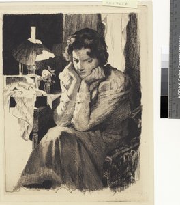 Jeune fille à sa lampe, appuyant la tête dans ses mains - Frans Schwartz