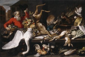 Nature morte avec gibier mort, fruits et légumes sur un marché, 1614