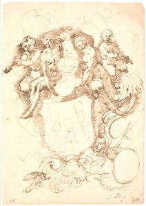 Composition héraldique : blason avec trois violons inversés, casque couronné de chien, entouré de deux figures et deux putti jouant du violon, le tout reposant sur une figure masculine allongée (Neptune ?) - Frantz Cleyn