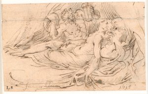 Femme endormie espionnée par un satyre avec une lanterne à la main