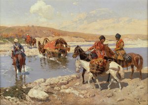 Traverser la rivière (huile sur toile) - Franz Alekseevich Roubaud