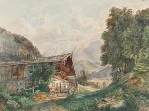 Paysage alpin avec ferme et femme à la fontaine