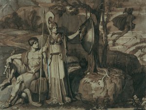 Scène de la légende de Persée : Athéna avec le bouclier de Gorgone