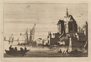 Église dans une crique avec barque au premier plan