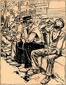 Ouvriers au dîner, vers 1900