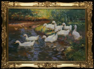 Famille de canards (Canards avec canetons au bord du ruisseau) - Franz Grassel