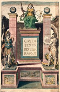Frontispice du premier volume : allégorie de la géographie, une femme tenant un compas, une équerre et une règle, trônant au-dessus d
