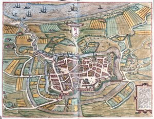 Stade situé sur le fleuve Elbe inférieur, Allemagne (gravure) - Franz Hogenberg