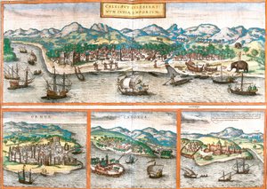 Vues de Kozhikode ou Calicut (Inde), Ormuz (Iran), Cannanore ou Kannur (Inde) et St. George de la mine ou Elmina (Ghana)