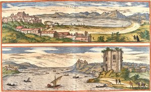 Vues de Pozzuoli (Puteoli) et Baies (Baiae) (actuelle Baia), Italie, avec les vestiges antiques des thermes du golfe de Naples et une forteresse