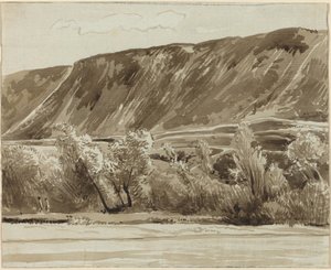 Une rive avec des montagnes au-delà