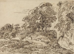 Paysage pastoral avec une cascade et un temple