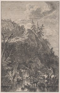 Planche 5 : figure féminine à cheval et figure masculine avec un chien debout dans une rue, vers 1700-1725