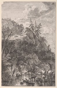 Planche 5 : figure féminine à cheval et figure masculine avec un chien debout dans une rue..., vers 1700-25 - Franz Joachim Beich