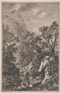 Planche 6 : deux figures masculines debout sur un rocher à droite, une cascade au centre avec un..., vers 1700-25