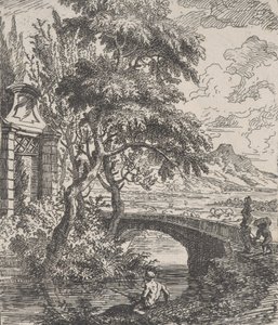 Planche 7 : deux figures à droite sur le point de traverser un pont en pierre, un pêcheur dans le... - Franz Joachim Beich