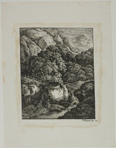 Paysage montagneux boisé avec une petite cascade et un sentier - Franz Joseph Leopold