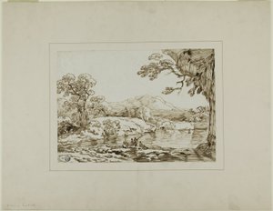 Paysage avec rivière, collines lointaines et personnages pêchant au premier plan