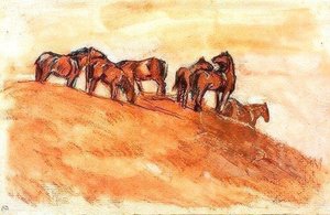 Chevaux sur une hauteur contre le ciel - Franz Marc