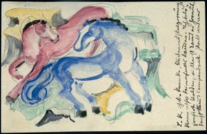 "Cheval rouge et bleu", Franz Marc de Sindelsdorf à Wassily Kandinsky à Munich: Carte postale, cachet postal 05.04.1913 - Franz Marc