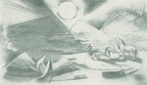 Paysage primitif avec soleil, montagnes, un groupe de chevaux - Franz Marc