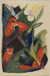 "Quatre renards", Franz Marc de Sindelsdorf à Wassily Kandinsky à Munich : Carte postale, cachet postal 04.02.1913