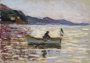 Vue sur Rapallo avec bateau sur la mer