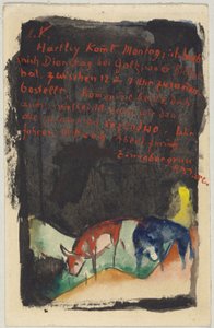 "Zinnobergruß", Franz Marc de Sindelsdorf à Wassily Kandinsky à Munich : Carte postale, cachet postal 19.04.1913