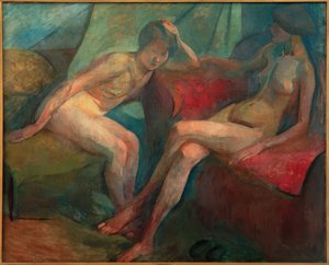Deux nus sur un canapé rouge - Franz Nolken