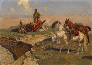 Cavaliers caucasiens au repos, 1917 - Franz Roubaud