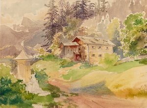 Paysage alpin avec ferme et femme devant un calvaire