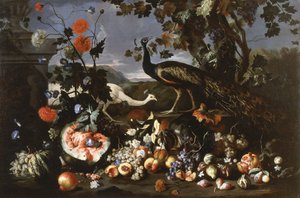 Un paon et une poule avec des fruits et des fleurs dans un parc